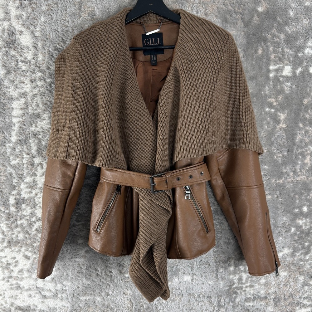 Gili Size 12 Outdoor Moto Faux Leather Coat Brown Long‎ Sleeve Belted Zipper